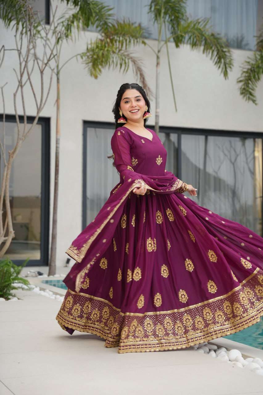 Womenโs Ethnic Anarkali Style Floor-Length Gown in Magenta with Golden Zari Embroidery โ Festive & Wedding Wear - Image 4