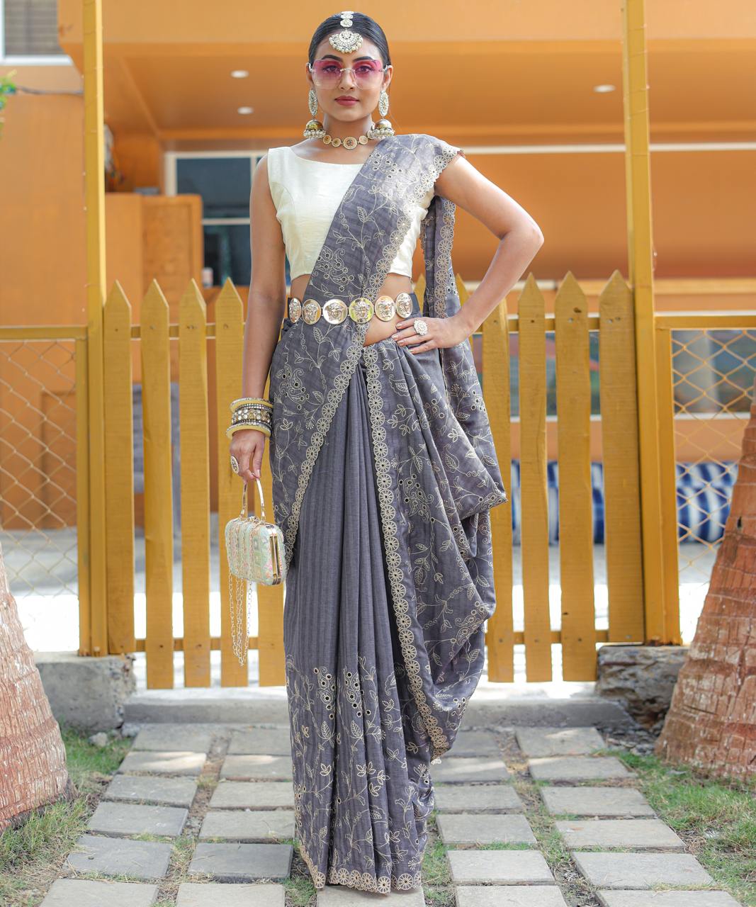 Women's Royal Prussian Blue Georgette Saree with Intricate Silver Thread & Mirror Work Embroidery β Perfect for Festive & Wedding Celebrations - Image 17
