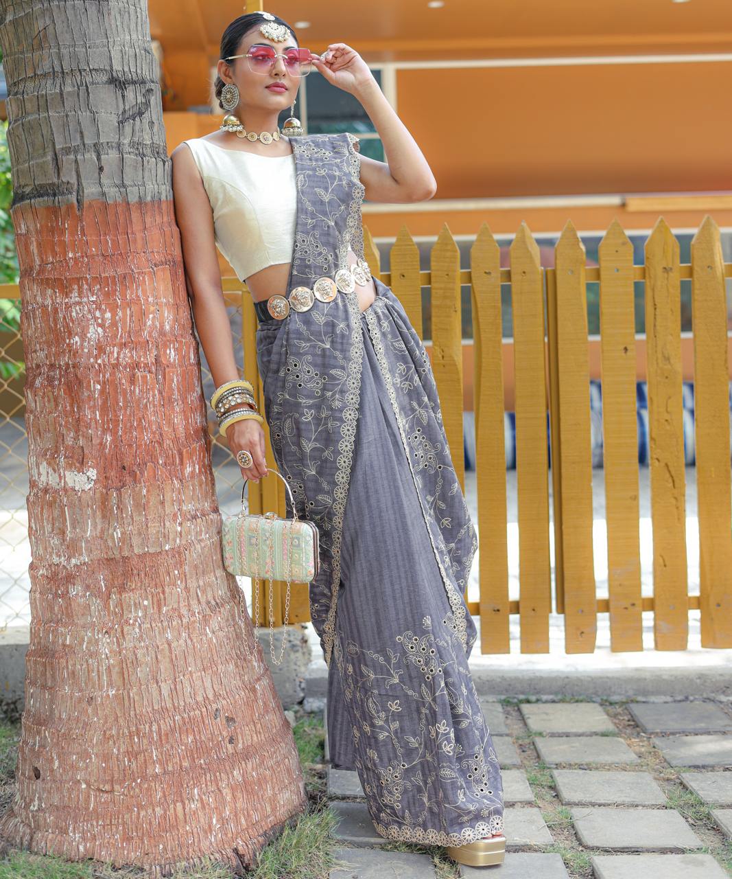 Women's Royal Prussian Blue Georgette Saree with Intricate Silver Thread & Mirror Work Embroidery β Perfect for Festive & Wedding Celebrations - Image 16